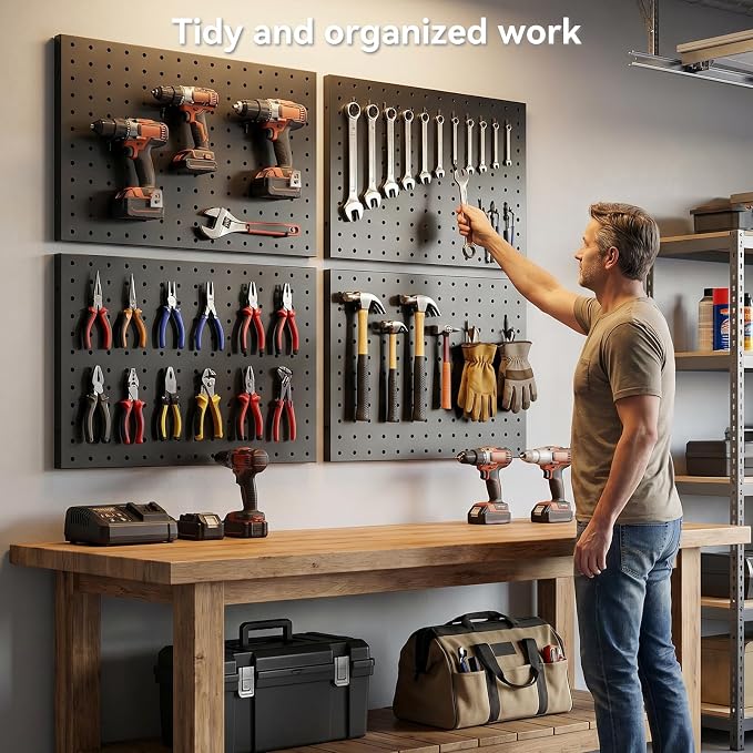 Black Peg Board Wall Organizer, Heavy Duty 4-Panel Pegboard, Each 16" X 12" Metal Peg Wall, Peg Board Garage Organization, Pegboards For Wall, Tool Storage, Office Organization, Craft Room - Image 2