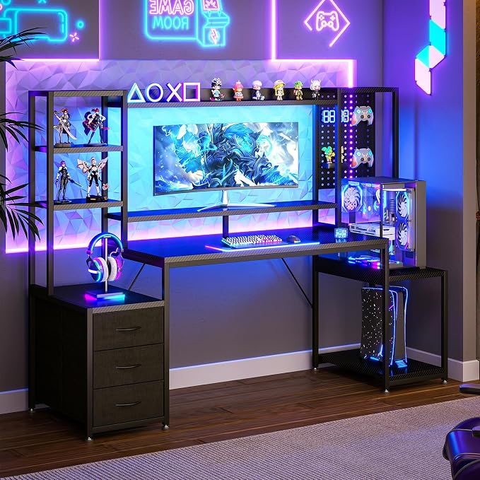 AODK 67 Inch Gaming Desk with Display Shelves, 3 Drawers, LED Lights, Hutch | Large Computer Desk with Pegboard & PC Shelf & Storage Shelves, Reversible Office Desk for Home, Carbon Fiber Black - Image 2