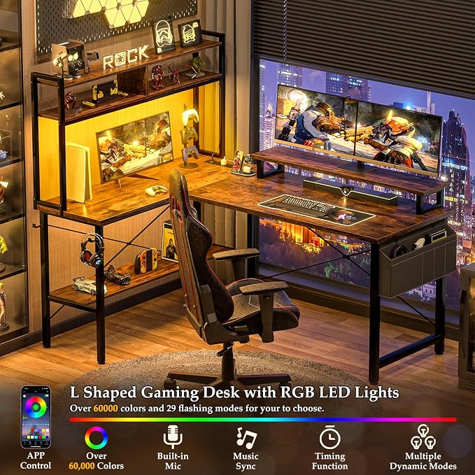 Aheaplus L Shaped Gaming Desk with Power Outlets & LED Lights, Rustic Brown - Image 4
