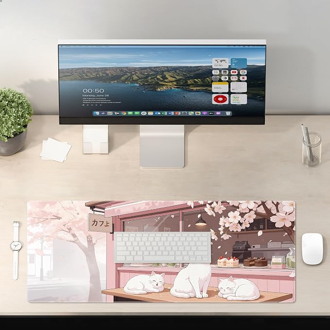 Pink Cute Cat Gaming Mouse Pad Large Desk Mat Extended Keyboard Mouse Pad Anime Mousepad with Non-Slip Base and Stitched Edge Mouse Mat Desk Pad 31.5 x 11.8 in Mouse Pads for Desk Home Office Gaming - Image 6