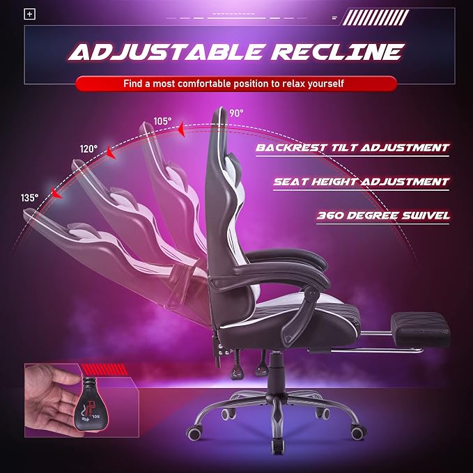 Homall Gaming Chair, Computer Chair with Footrest and Massage Lumbar Support, Ergonomic High Back Video Game Chair with Swivel Seat and Headrest (White) - Image 7