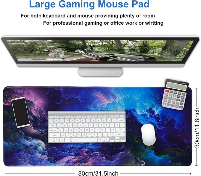 Professional Large Mouse Pad,31.5 x 11.8 in Extended Gaming Mouse Pad,Smooth Lycra Fabric,Non-Slip Rubber Base,Precision Stitched Edges, for Work,Gaming,Writting & Home-80x30 Cloudcmh - Image 2