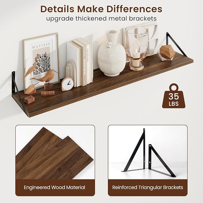 Axeman Deep Floating Shelves, 48'' x 10'' Walnut Wall Shelves Set of 2 - Image 5