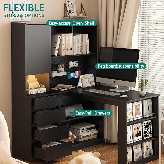 KEIKI L Shaped Home Office Desks with LED Light, Pegboard, Hutch, Drawers, Bookshelf & Storage Shelves, Modern Wooden Gaming Computer Corner Table for Work, Study, Writing - Image 3