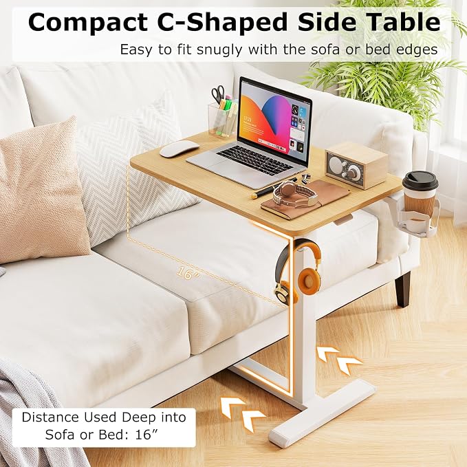 Tangkula Mobile Standing Desk, Pneumatic Height Adjustable Rolling Desk with Cup Holder & Headphone Hook, Overbed Table with Hidden Wheels, Laptop Computer Cart for Couch, Home, Office (Natural) - Image 5
