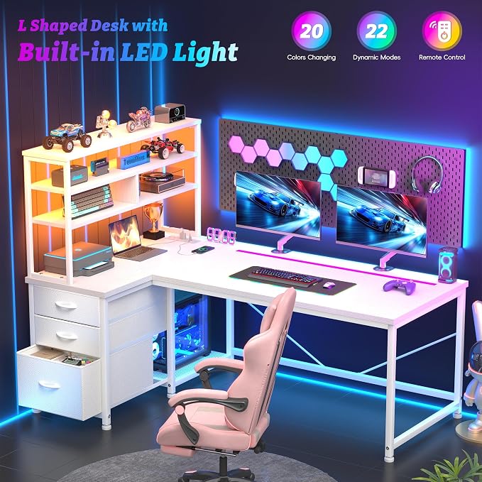 DurayLoly 55''White Desk with 3 Drawers & Shelf, LED, Outlet for Bedroom - Image 5