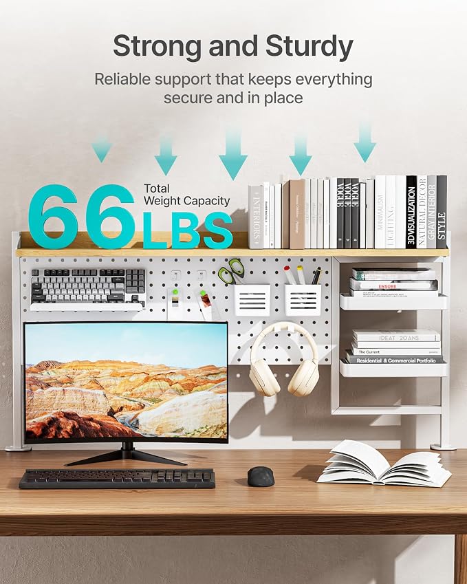 PEGZONE Clamp on Desk Shelf, 44" Desktop Shelving System, White | with Pegboard and Accessories, Desktop Organizer with 2-Tier Shelf, Desk Pegboard for Gaming Office - Image 5