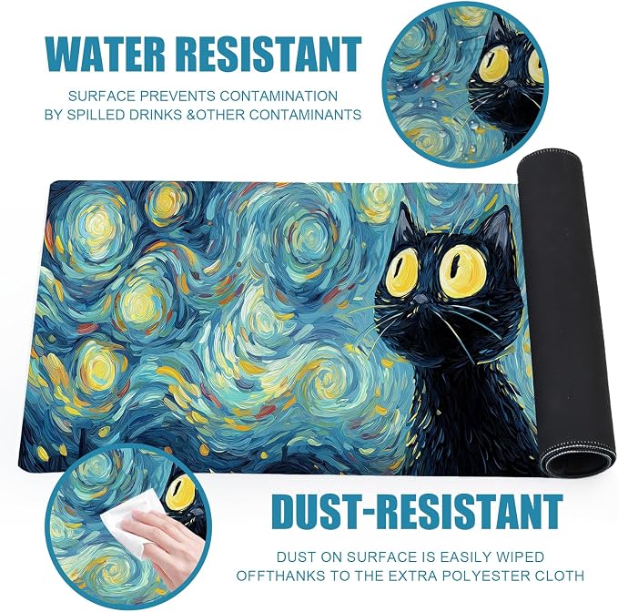 Gaming Mouse Pad, Big Cute Mousepad, XL Large Extended Desk Mat with Non-Slip Rubber Base, Laptop Desk Pad, Computer Keyboard Mat Office&Home, 31.5x11.8in, Starry Night Black Cat - Image 6