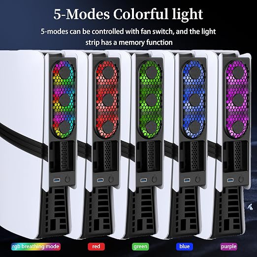 RGB PS5 Slim/Pro Cooling Fan, Auto Power Cooling System for PS5 Pro/Slim, Silent Cooler Fan with 3 Fans/3 Speed/USB 3.0 Port Compatible with PlayStation 5 Slim/Pro Digital and Discs Edition - Image 4