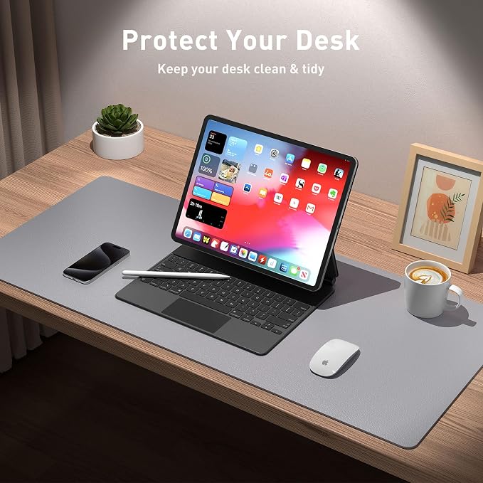 Aothia Leather Desk Pad Protector, Mouse Pad, Office Desk Mat, Non-Slip PU Leather Desk Blotter, Laptop Desk Pad, Waterproof Desk Writing Pad for Office and Home (36" x 17", Light Grey) - Image 3