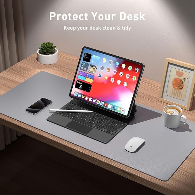 Aothia Leather Desk Pad Protector, Mouse Pad, Office Desk Mat, Non-Slip PU Leather Desk Blotter, Laptop Desk Pad, Waterproof Desk Writing Pad for Office and Home (23.6" x 13.7", Light Grey) - Image 3