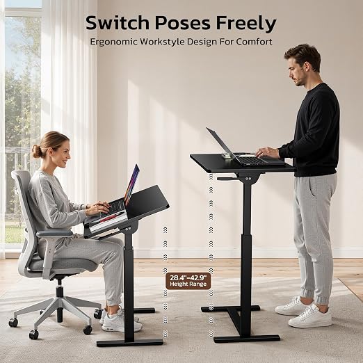 Mobile Standing Desk Adjustable Overbed Table, Pneumatic Height Adjustable Rolling Laptop Desk with Hidden Wheels, 0-180°Tilt Top Rolling Computer Cart Foldable for Home Office, Craft & Study, Black - Image 4