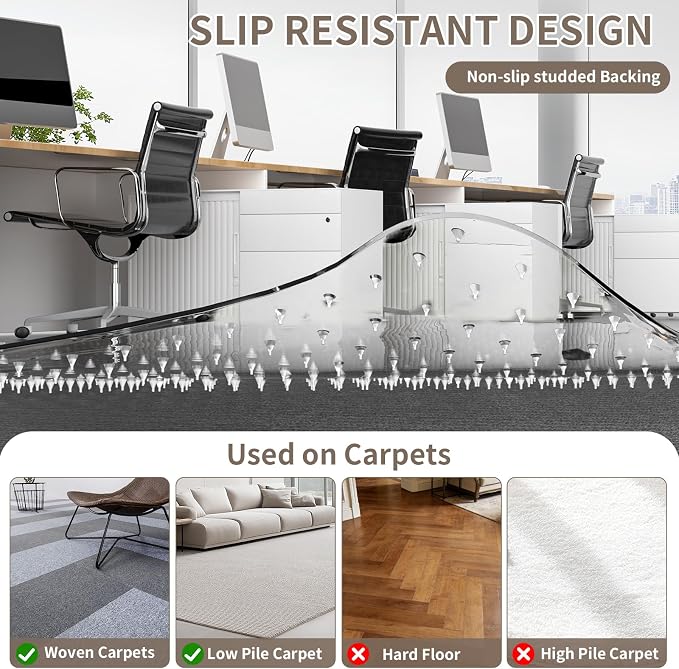 Office Chair Mat for Low Pile Carpet, 48"x60" Clear Smooth Glide with Lip | Non-Slip Studded Backing, Smooth Glide,Heavy-Duty Clear Plastic, Extended Lip –Carpet Protector for Office, Desk, Gaming - Image 3