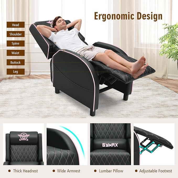 GYMAX Massage Gaming Recliner Chair, Ergonomic Racing Style Single Sofa with Adjustable Headrest, Backrest & Footrest, Home Theater Sofa for Living Room Office (Pink) - Image 6