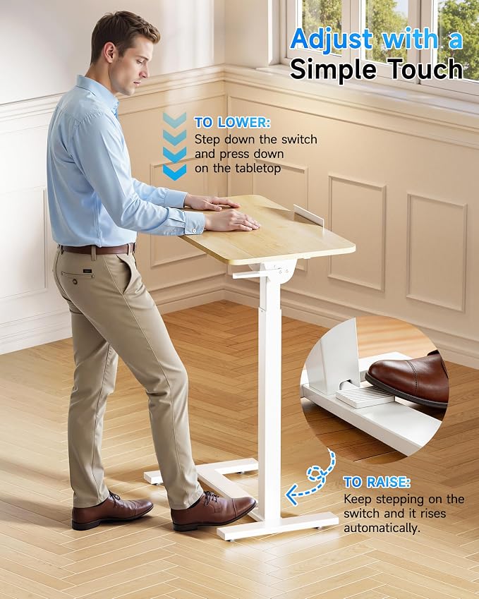 BIZUM Mobile Standing Desk Laptop Desk Pneumatic with Wheels 180° Tilt Top Hospital Bed Table Portable Rolling Cart Foldable Bedside Table for Hospital&Home Use, Maple - Image 7
