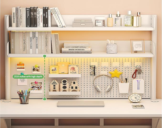 31.5 Inch Clip-on Desktop Organizer Bookshelf with Pegboard, Desk Shelf Organizer, Multipurpose Computer Desk Desktop Bookshelf, Desk Extender Pegboard Clamp, Desktop Display (White) - Image 2