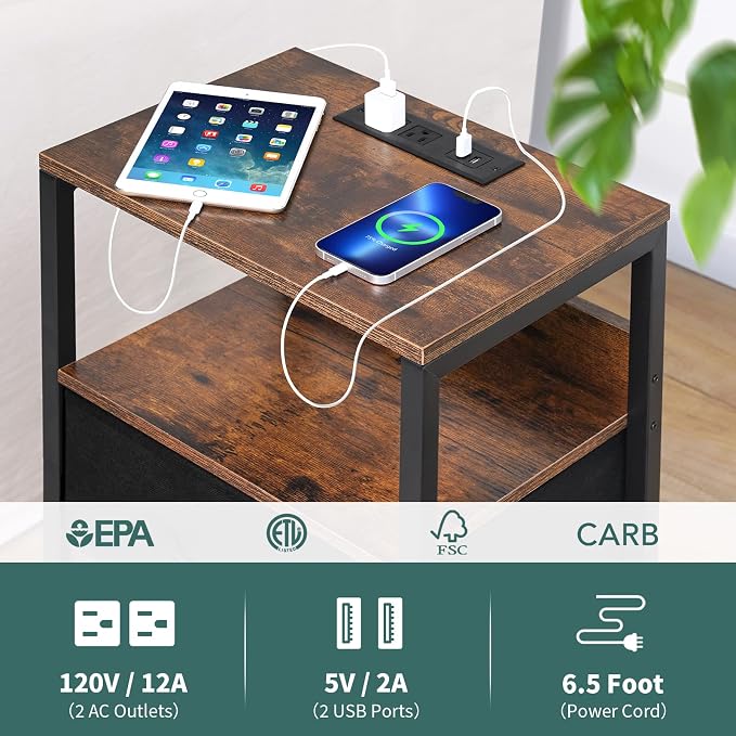 Yoobure Nightstand with Charging Station, Small Night Stand with Fabric Drawers and Storage Shelf for Bedrooms, Nightstands for Small Spaces, Bedside Table with USB Ports & Outlets, Bed Side Table - Image 5