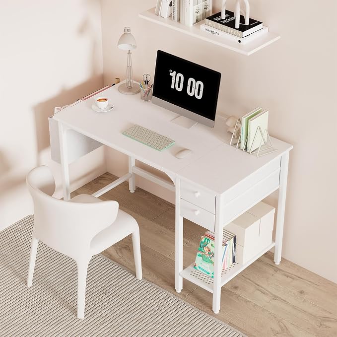Lufeiya White Small Desk with Drawers - 40 Inch Computer Desk for Small Space Home Office, Modern Simple Study Writing Table PC Desks - Image 2