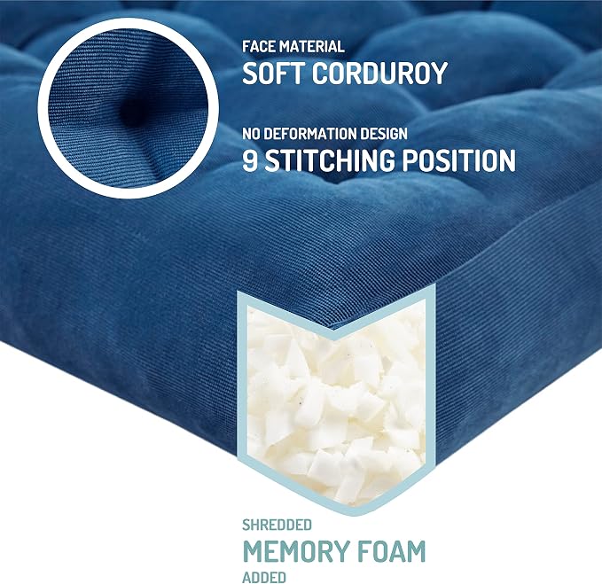 Large Floor Pillow for Adults, Square Meditation Cushion, 22 Inch Navy | Reading nook & office use, Tatami seating, Breathable corduroy cover, 3.5 in thick, Shredded memory foam fill, Yoga pad - Image 2