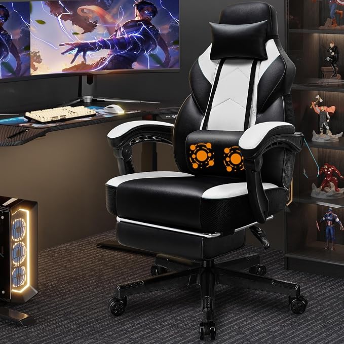 Shintenchi Gaming Chair,Video Game Chair with footrest and Massage Lumbar Support,Height Adjustable Game Chair with 360°Swivel Seat Ergonomic Computer Chair with Headrest for Office or Gaming(White) by Shintenchi%7CFurnitureMadeforRealLife