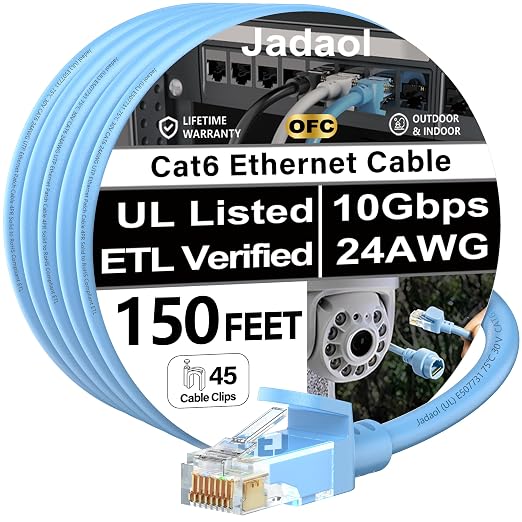 Jadaol [UL Listed Cat6 Ethernet Cable 150 ft with Clips 10Gbps PoE++, Blue by Jadaol