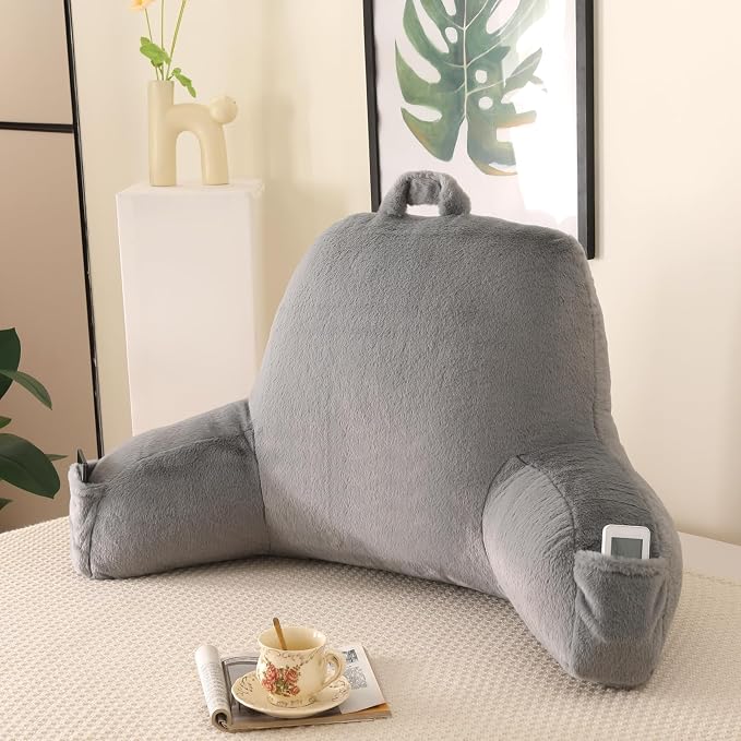 Soft Reading Pillow for Bed with Arms,Middle,Gray,Faux Fur | 17" Backrest with Arms for Gaming & Lounging,Oeko-TEX Certified Plush Back Pillow for Teens Room by PAJEO