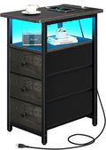 Yoobure End Table with Charging Station, LED Narrow Side Table Bedside Table, Small Night Stand End Tables Living Room, Skinny Nightstand with 3 Fabric Drawers, Side Tables Bedroom for Small Spaces by Yoobure