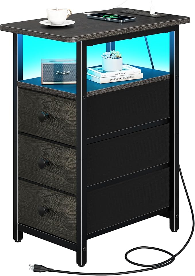 Yoobure End Table with Charging Station, LED Narrow Side Table Bedside Table, Small Night Stand End Tables Living Room, Skinny Nightstand with 3 Fabric Drawers, Side Tables Bedroom for Small Spaces by Yoobure