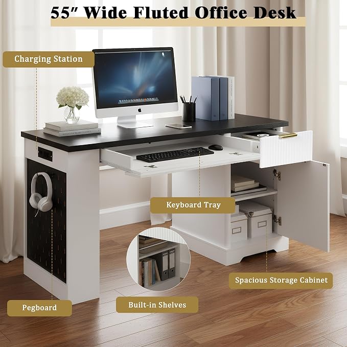 55" Fluted Gaming Desk Pegboard Cabinet Drawers Outlet, White | Home Office | Bedroom Living Room Teen Desk | Nail Tech Manicure | Vanity Hutch | Bookcase Corner - Image 3