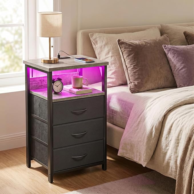 Fixwal Night Stand with 3 Fabric Drawers, Nightstand with Charging Station - Image 2