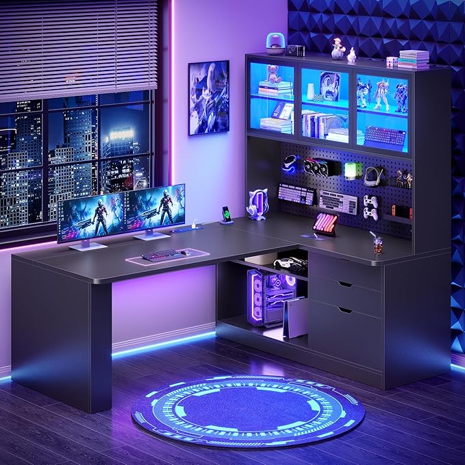 SEDETA L Shaped Corner Gaming Desk with 3 Wood Drawer and Large Bookshelf | L Shaped Computer Desk with LED Light, Display Cabinet and Pegboard for Home Office, 27.5" W Large Desktop Table, Black by SEDETA