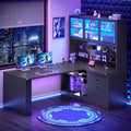 SEDETA L Shaped Corner Gaming Desk with 3 Wood Drawer and Large Bookshelf | L Shaped Computer Desk with LED Light, Display Cabinet and Pegboard for Home Office, 27.5" W Large Desktop Table, Black by SEDETA