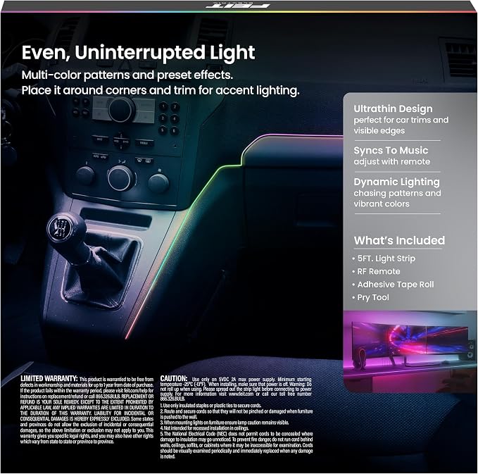 Feit Electric LED Light Strip Color Changing Strip Lights - Dimmable RGB USB with Remote - 5 ft - Image 7