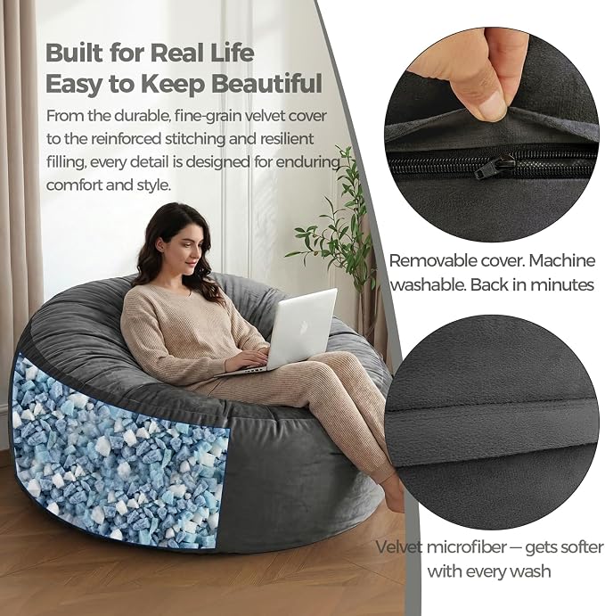ACH 4ft Bean Bag Chair for Adults, Large Oversized Memory Foam Floor Chair, Machine Washable Velvet Cover, Living Room and Bedroom (Grey, Large) - Image 4