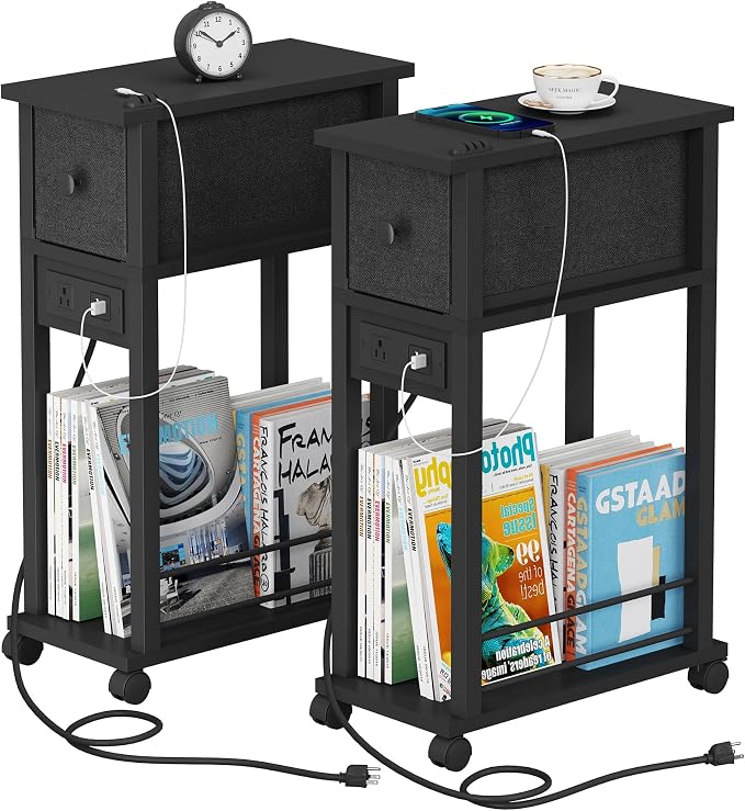 Slim Nightstand Set of 2, Narrow Side Table with Charging Station & Drawer by DGSANDGPuttheCustomerFirst
