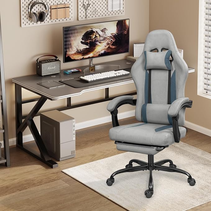Breathable Fabric Gaming Chair with Footrest - Light Grey/Blue | 90°-135° Recline, 18.5”-22.4” Height Adjust, Breathable Fabric, Footrest for Rest, for Gaming/Office, 15 Min Assembly - Image 2