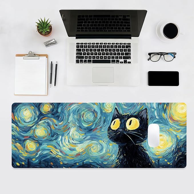 Gaming Mouse Pad, Big Cute Mousepad, XL Large Extended Desk Mat with Non-Slip Rubber Base, Laptop Desk Pad, Computer Keyboard Mat Office&Home, 31.5x11.8in, Starry Night Black Cat - Image 4