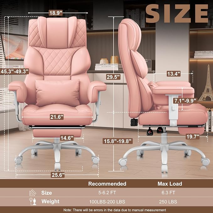 Vonesse Office Chair, Desk Chair with Soft Adjustable Armrests, Ergonomic High Back Gaming Chair with Lumbar Support, Executive Computer Chairs with Footrest (PU Leather, Pink) - Image 2