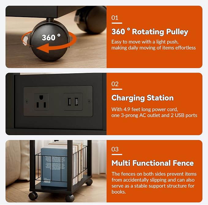 Rolling Side Table with Wheels, Narrow End Table with Charging Station - Image 4