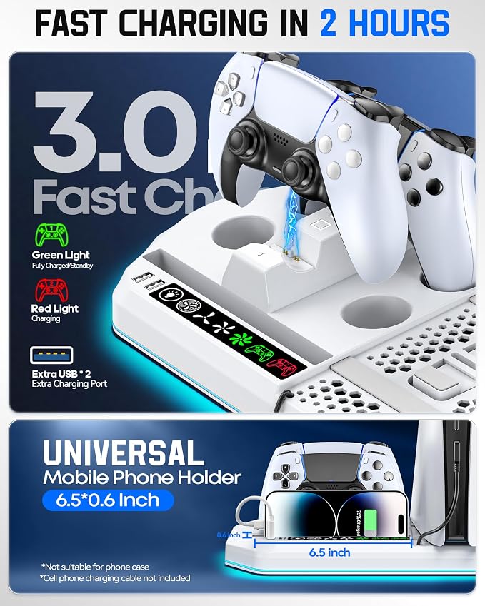 Cooling Station with Controller Charger for PS5/Slim/Pro, PlayStation 5 Vertical Stand for Disc & Digital Console, Dual PS 5 Controller Charging Station with 3 Level Cooling Fan, PlayStation 3 Games - Image 5