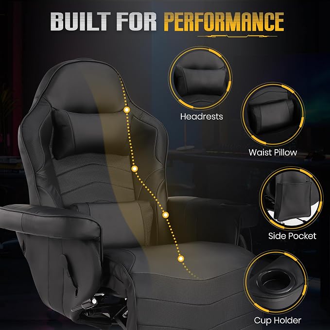 Massage Gaming Recliner Chair with Cup Holder & Side Pockets – Ergonomic PU Leather Video Gaming Chair with Footrest, Manual Recline, Headrest & Lumbar Support for Office or Game Room (Black) - Image 6