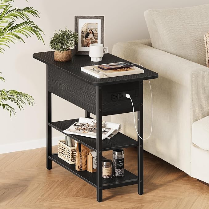 Yoobure End Table with Charging Station, Flip Top Side Table with USB Ports and Outlets, Sofa Couch Table Bedside Table for Living Room Bedroom, Narrow Nightstand with Storage Shelves for Small Space - Image 6