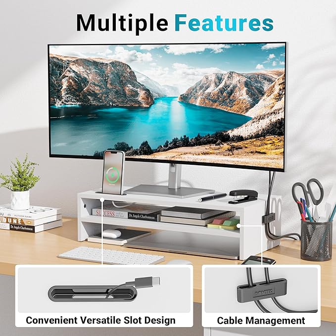 BONTEC Wood Monitor Stand Riser, 2-Tier Desktop Organizer | Ergonomic Computer Stand for Desk, Cable Management, Cellphone Holder, 21.3 Inch Shelf, White - Image 4