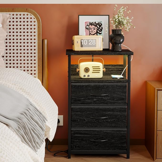 Fixwal Night Stand with 3 Fabric Drawers, Nightstand with Charging Station - Image 8