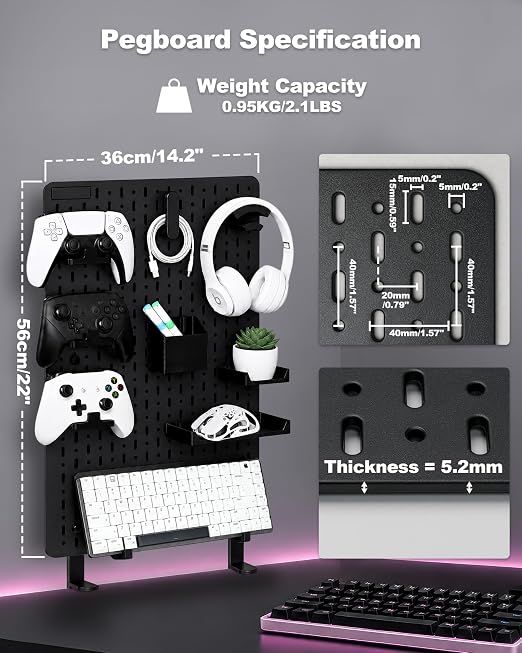 Clamp-On Desk Pegboard Organizer, 14 Accessories, Black | 14 Peg Board Accessories, Controller Holders, Keyboard Stand, Headphones Holder, Cable Storage for gaming setups, home office - Image 7