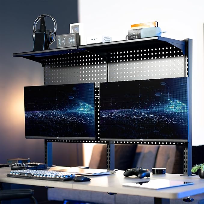 VIVO Steel Triple Clamp 47 x 31 inch Desk Pegboard System with 2 Monitor Mounts and Storage Shelf, Fits up to 32 inch Screens, Office Accessory Organizer, Black, PP-DK48SB - Image 2