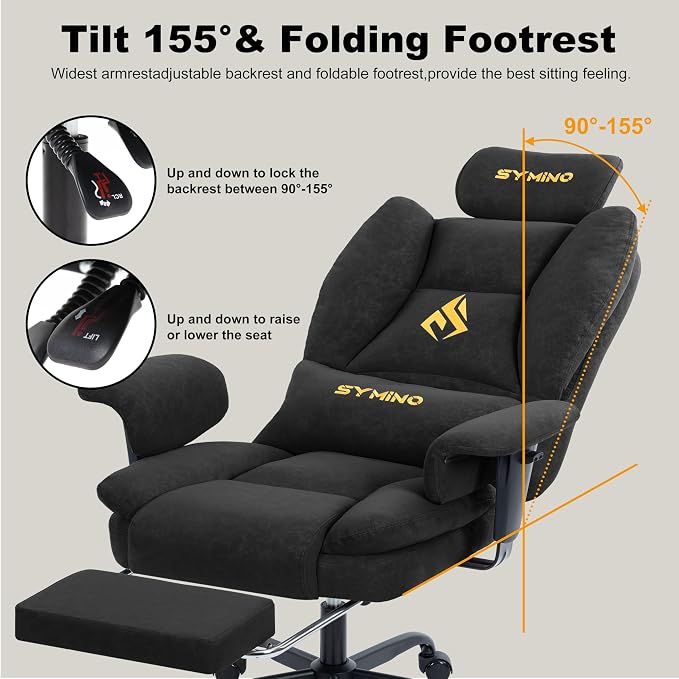 Symino Gaming Chair with Foot Rest, Unique Up/Down Armrests, PU Leather Ergonomic High Back Chair, 150° Recline Solid Color Computer Desk Chair, Black - Image 6