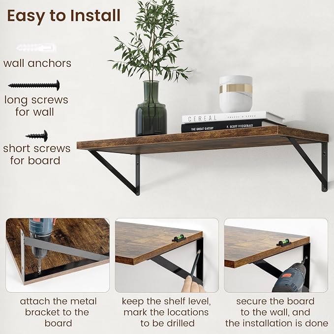 Axeman Deep Floating Shelves - 30 Inch Floating Shelves Set of 2-12 Inch Deep Brown Wood Wall Shelves for Living Room Bathroom Kitchen - Image 6