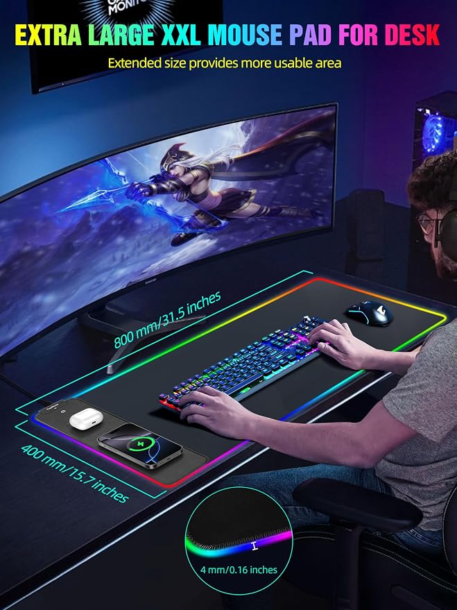 Wireless Charging RGB Gaming Mouse Pad, Desk Pad for MacBook, PC, Laptop | 31.5"x15.75" XXL Large Desk Mat, Waterproof Mousepad with 4 Light Modes & 11 RGB Colors, Ultra-Smooth Surface, Non-Slip Base - Image 7