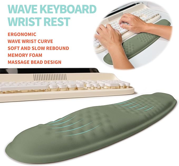 2-in-1 Ergonomic Set, Wave Rise Keyboard Wrist Rest and Massage Bulge Slope Mouse Pad Wrist Support, Cushion Memory Foam Integrated to Relieve Wrist Pain, Olive Green - Image 2